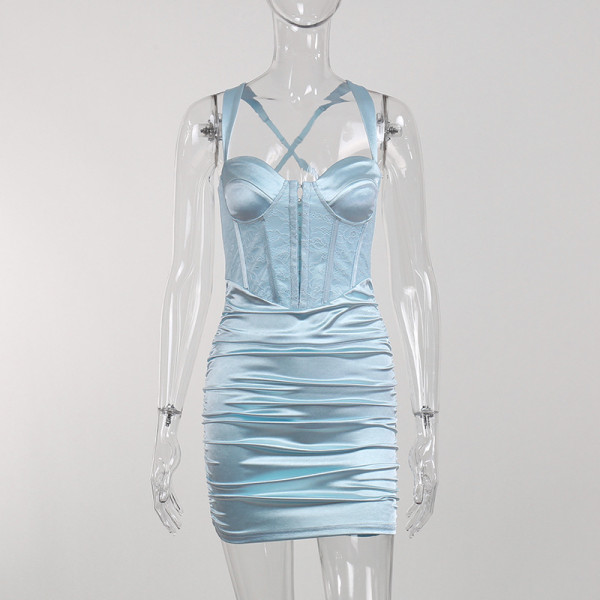 Halter Pleated Cutout Tunic Lace Satin Dress