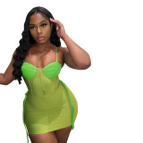 Women's Contrast Color Sling Fishbone Girdle Bodysuit Short Skirt Suit