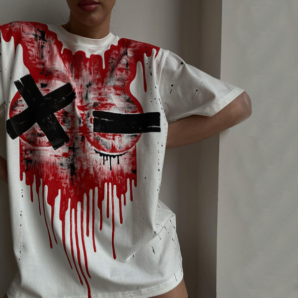 Casual Printed Round Neck Loose Tide Brand Short Sleeve T-Shirt Top