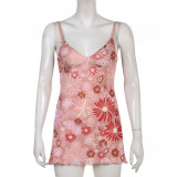 Street temperament print double-layer deep V breast-shaped sexy slit suspender skirt