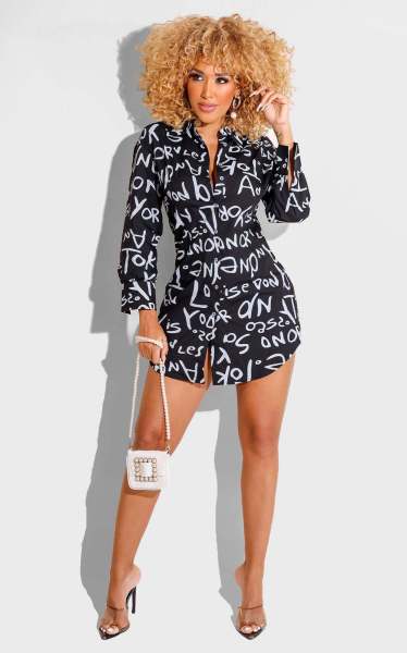 Long Sleeve Printed Shirt Black and White