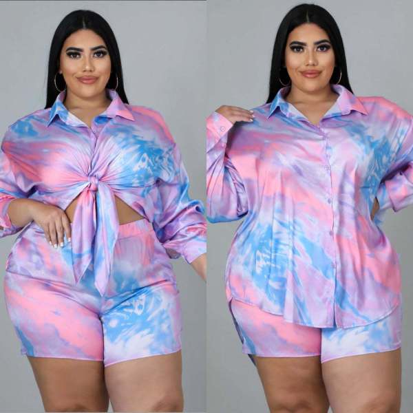 Plus size women's summer new fashion tie-dye print casual two-piece suit