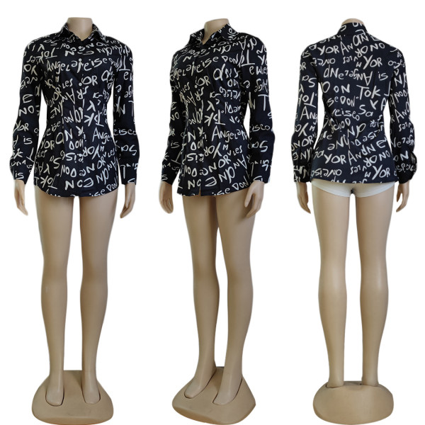 Long Sleeve Printed Shirt Black and White