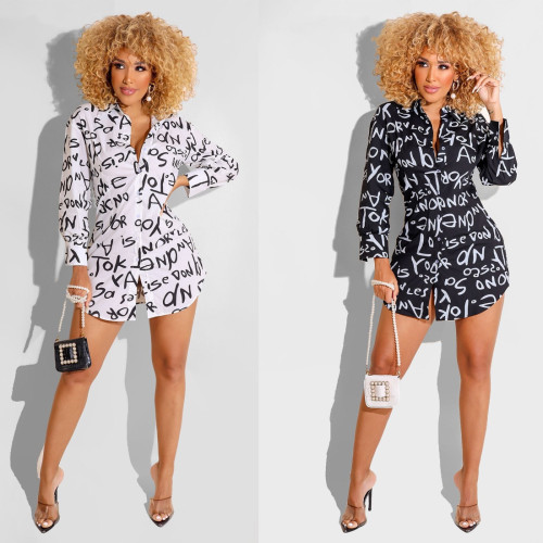 Long Sleeve Printed Shirt Black and White