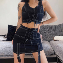 Fashion trend hot girl design sense topline strap V-neck vest slim-fit streamer bag hip skirt suit Fashion trend hot girl design sense topline strap V-neck vest slim-fit streamer bag hip skirt suit