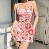 Street temperament print double-layer deep V breast-shaped sexy slit suspender skirt
