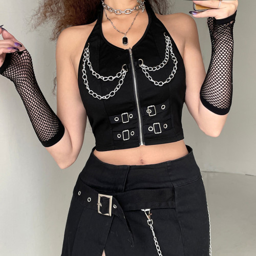Women's Top Personality Metal Chain Sexy Backless Halter Short Vest