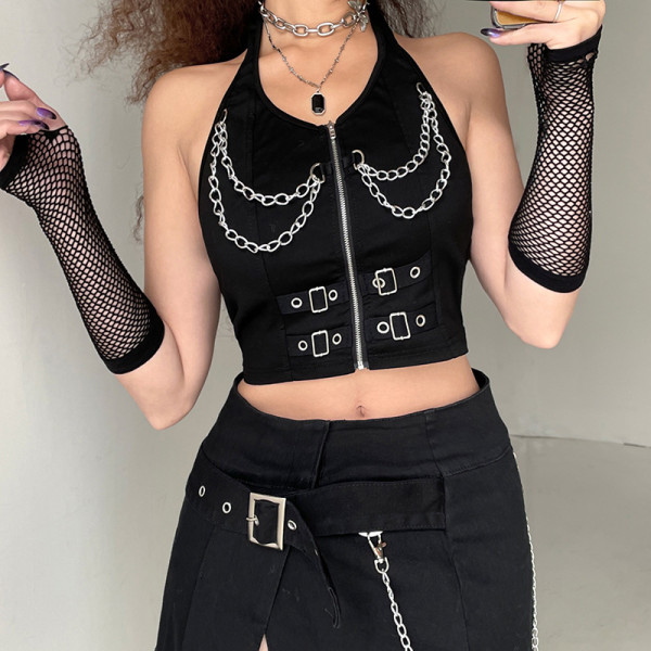 Women's Top Personality Metal Chain Sexy Backless Halter Short Vest