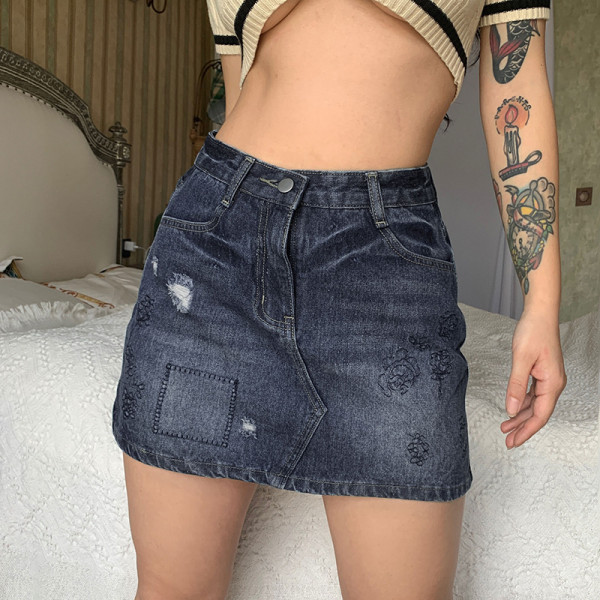 Pure girly design ripped embroidery pattern slim hip skirt short denim skirt