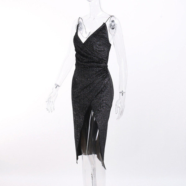 Sexy Glitter High Slit Deep V Sling Dress