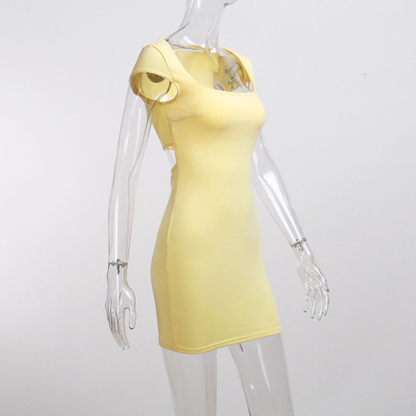New Fashion Solid Color Square Neck Show Breast Short Sleeve Basic Dress Women