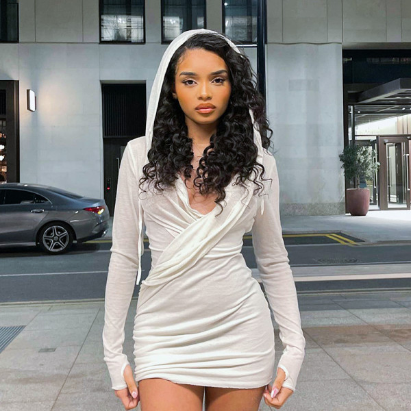 Solid Mesh Long Sleeve Gathered Casual Hooded Dress