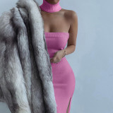 Solid Off Shoulder Slip-neck Strapless Knit Slit Dress