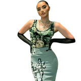 Face Print Square Neck Sleeveless Crop Tank Top T-Shirt