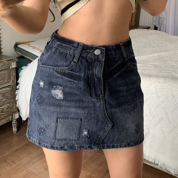 Pure girly design ripped embroidery pattern slim hip skirt short denim skirt