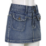 Vintage Studded Double Button Pocket Skirt Washed Denim Skirt