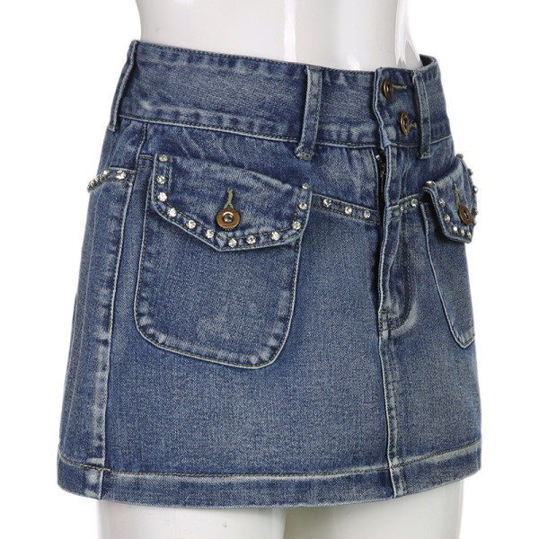 Vintage Studded Double Button Pocket Skirt Washed Denim Skirt