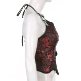 Chinese dragon jacquard asymmetric hem cropped halterneck lace-up vest open-back cross-tie top