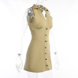 Sexy polo neck deep V pleated hip dress