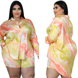Plus size women's summer new fashion tie-dye print casual two-piece suit