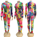 Women's retro colorful temperament commuter zipper print two-piece set