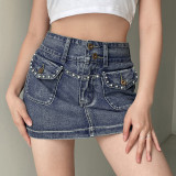 Vintage Studded Double Button Pocket Skirt Washed Denim Skirt