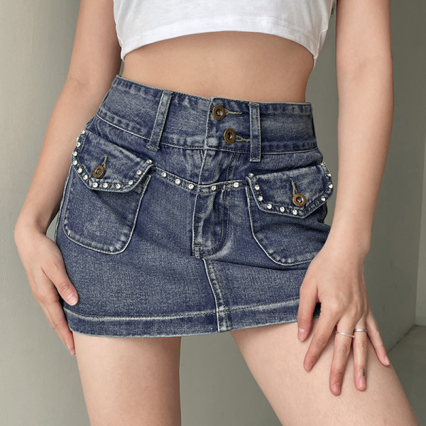 Vintage Studded Double Button Pocket Skirt Washed Denim Skirt