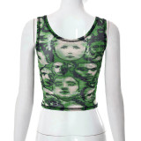 Face Print Square Neck Sleeveless Crop Tank Top T-Shirt