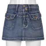 Vintage Studded Double Button Pocket Skirt Washed Denim Skirt