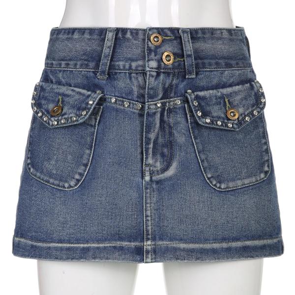 Vintage Studded Double Button Pocket Skirt Washed Denim Skirt
