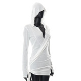 Solid Mesh Long Sleeve Gathered Casual Hooded Dress