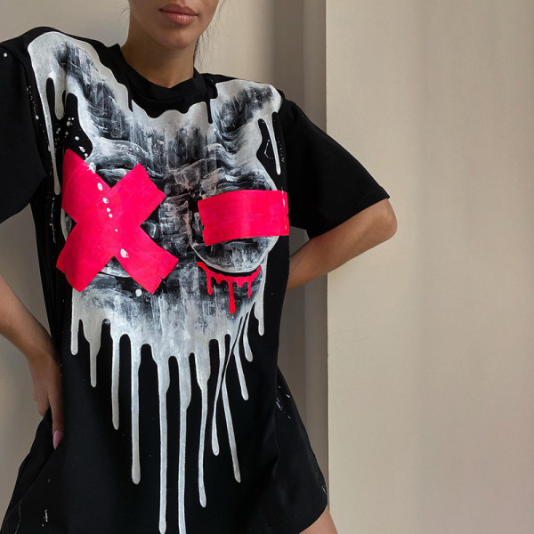 Casual Printed Round Neck Loose Tide Brand Short Sleeve T-Shirt Top