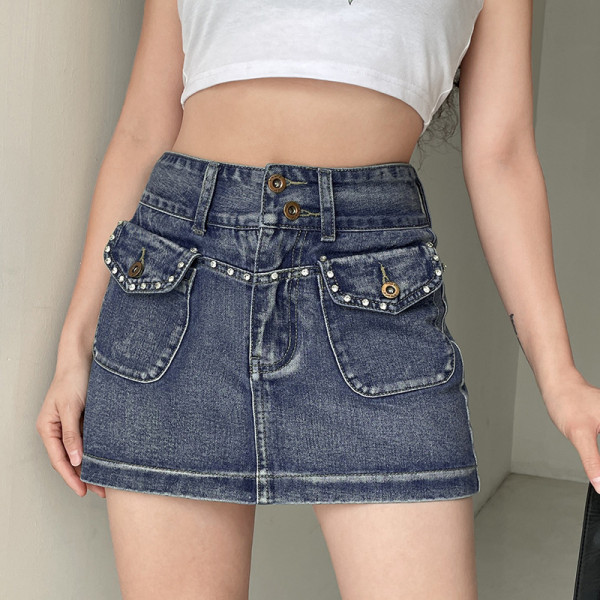 Vintage Studded Double Button Pocket Skirt Washed Denim Skirt