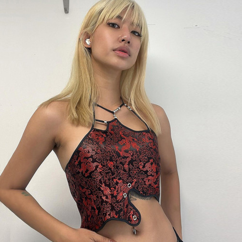 Chinese dragon jacquard asymmetric hem cropped halterneck lace-up vest open-back cross-tie top