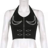 Women's Top Personality Metal Chain Sexy Backless Halter Short Vest