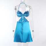 Solid color sexy halter neck strapless dress