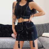Fashion trend hot girl design sense topline strap V-neck vest slim-fit streamer bag hip skirt suit