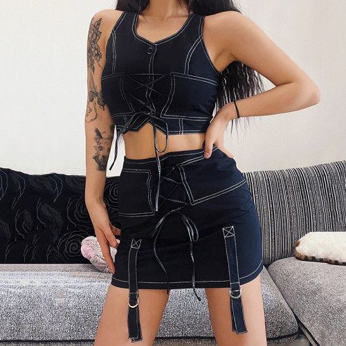 Fashion trend hot girl design sense topline strap V-neck vest slim-fit streamer bag hip skirt suit