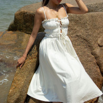 Stylish lace-up openwork fungus-trimmed suspender dress