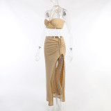 Sexy suspenders beautiful back navel wrap chest slit dress women's