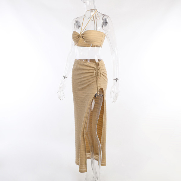 Sexy suspenders beautiful back navel wrap chest slit dress women's