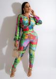 Women's retro colorful temperament commuter zipper print two-piece set