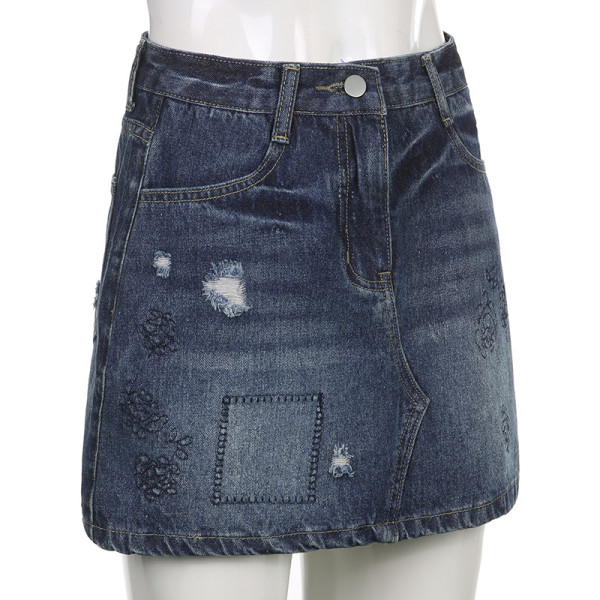 Pure girly design ripped embroidery pattern slim hip skirt short denim skirt