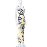 Printed Sling Backless High Waist Pack Hip Slim Long Dress