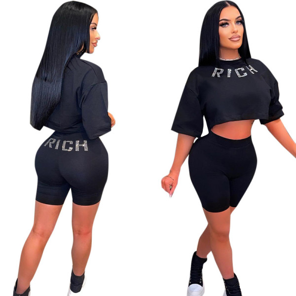 Hot Diamond Round Neck Cropped Navel Short Sleeve Shorts Casual Suit
