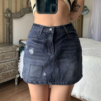 Pure girly design ripped embroidery pattern slim hip skirt short denim skirt
