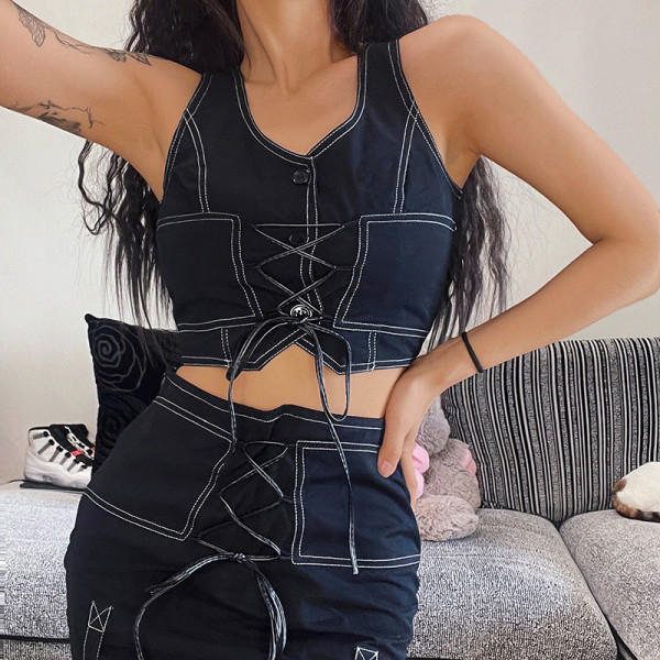 Fashion trend hot girl design sense topline strap V-neck vest slim-fit streamer bag hip skirt suit