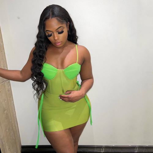 Women's Contrast Color Sling Fishbone Girdle Bodysuit Short Skirt Suit