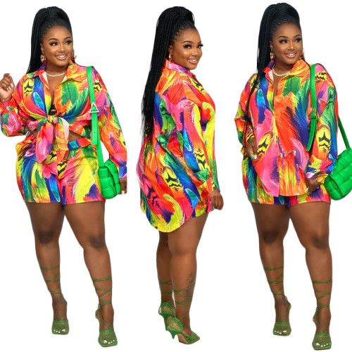 Women's Colorful Casual Print Shirts Long Sleeves + Shorts Two Pieces