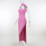 Solid Off Shoulder Slip-neck Strapless Knit Slit Dress